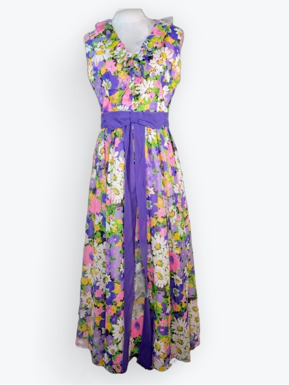 Vintage Miss Elliette Garden Party Ruffled 60s 70s Floral Maxi Dress Size Medium